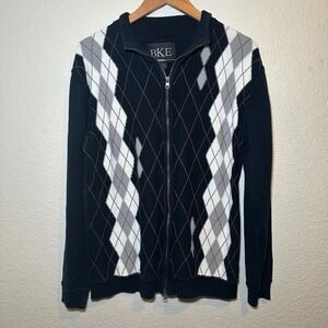 BKE Mens L Sweater Full Double Zip Mock Neck Argyle Cardigan Preppy Grandpa